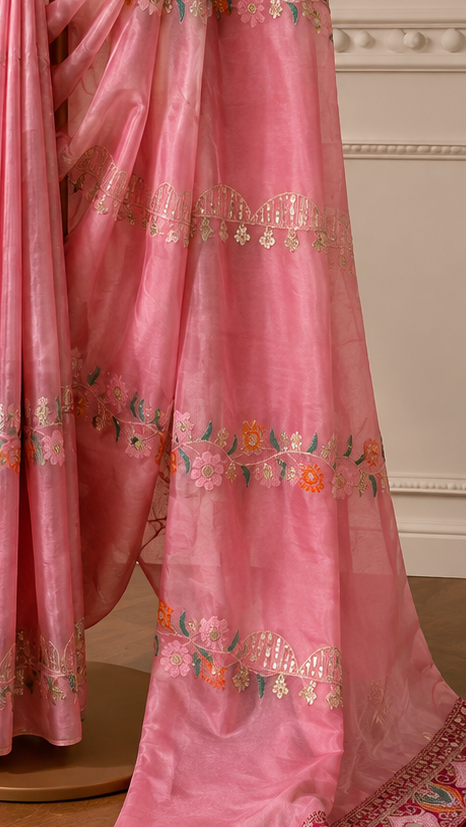 Blush Pink Fancy Organza Saree with Embroidered Blouse | Floral Zari & Sequin Work