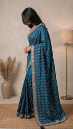 Teal Blue Designer Saree with Silver Sequin Wave Pattern & Embellished Border | Party Wear Saree