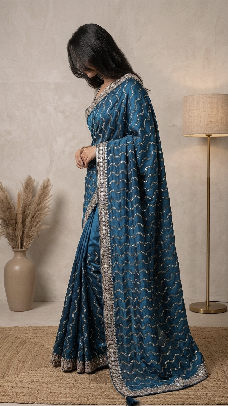 Teal Blue Designer Saree with Silver Sequin Wave Pattern & Embellished Border | Party Wear Saree