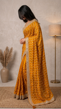 Mustard Yellow Designer Saree with Silver Sequin Wave Work & Embellished Border | Party Wear Saree