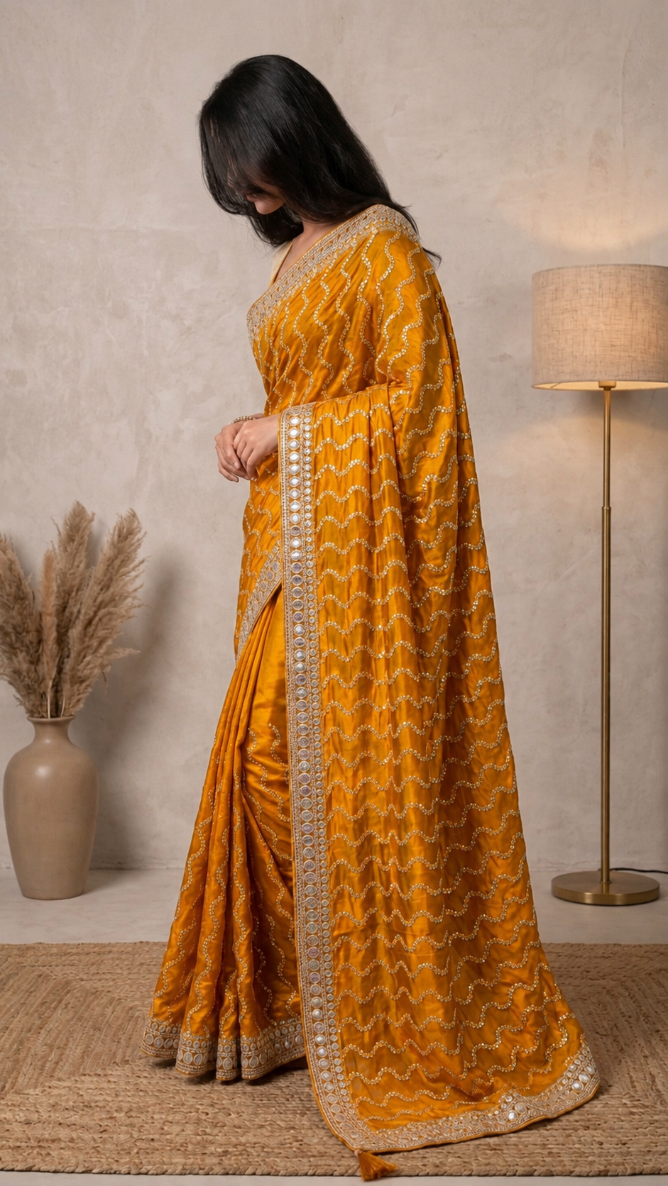 Mustard Yellow Designer Saree with Silver Sequin Wave Work & Embellished Border | Party Wear Saree