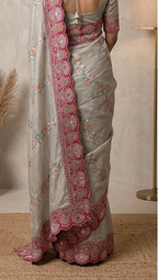 Silver Grey Floral Embroidered Saree with Pink Border & Sequin Work | Designer Saree with Blouse