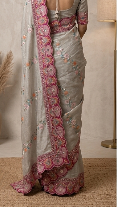 Silver Grey Floral Embroidered Saree with Pink Border & Sequin Work | Designer Saree with Blouse