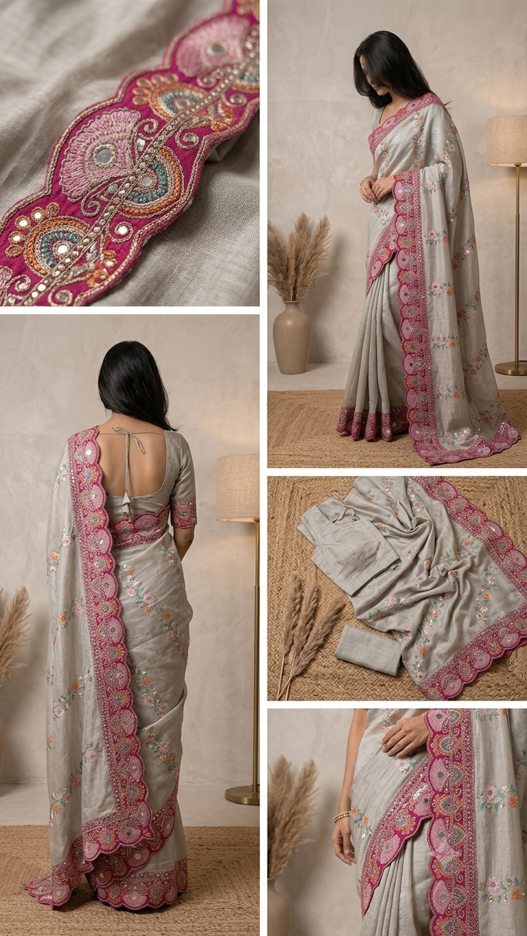 Silver Grey Floral Embroidered Saree with Pink Border & Sequin Work | Designer Saree with Blouse