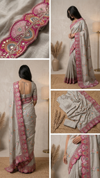 Silver Grey Floral Embroidered Saree with Pink Border & Sequin Work | Designer Saree with Blouse