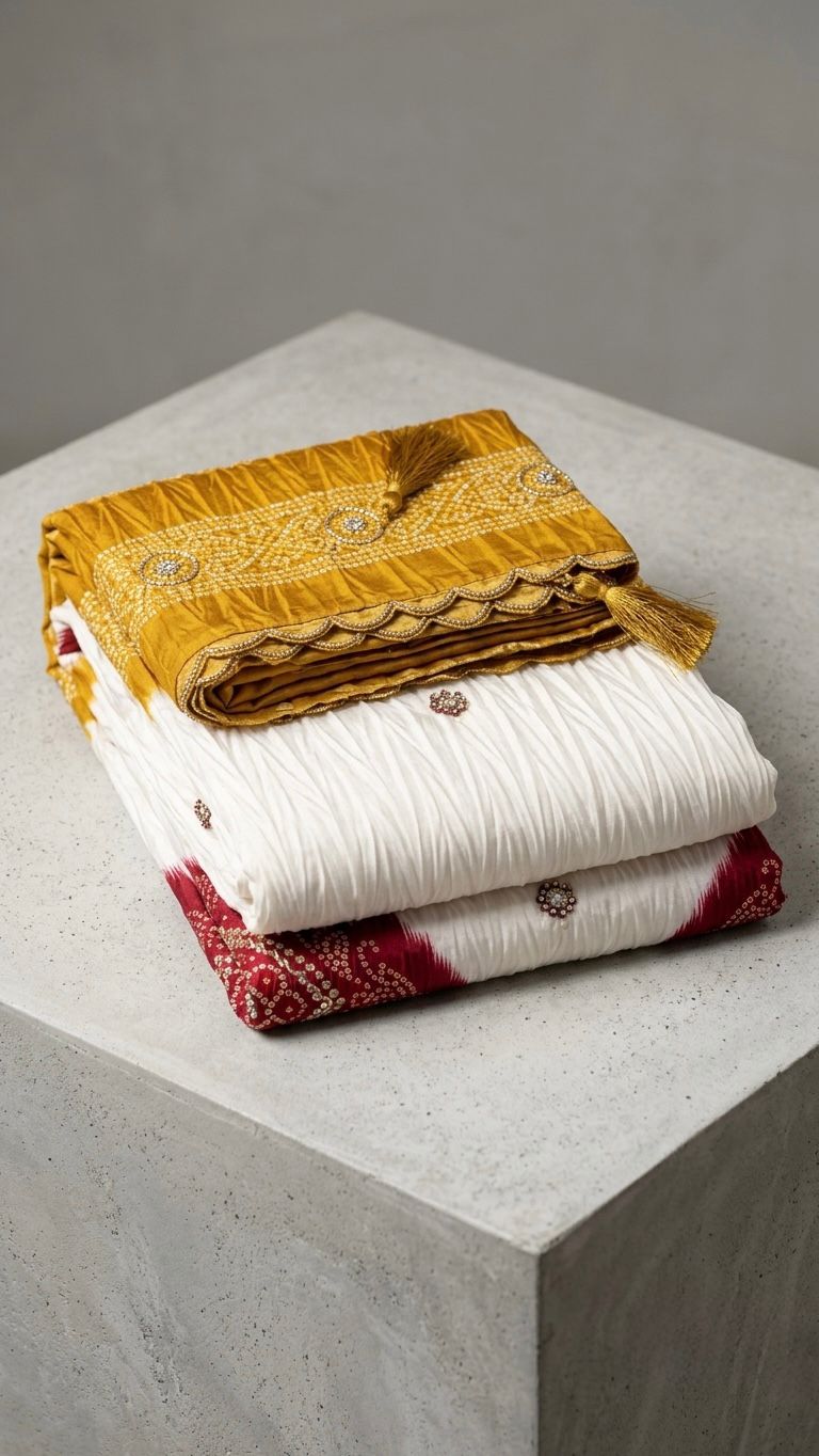 Mustard Yellow & Ivory Bandhani Saree with Maroon Border & Designer Pallu