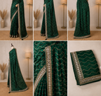 Bottle Green Designer Saree with Golden Sequin Wave Work & Embellished Border | Party Wear Saree