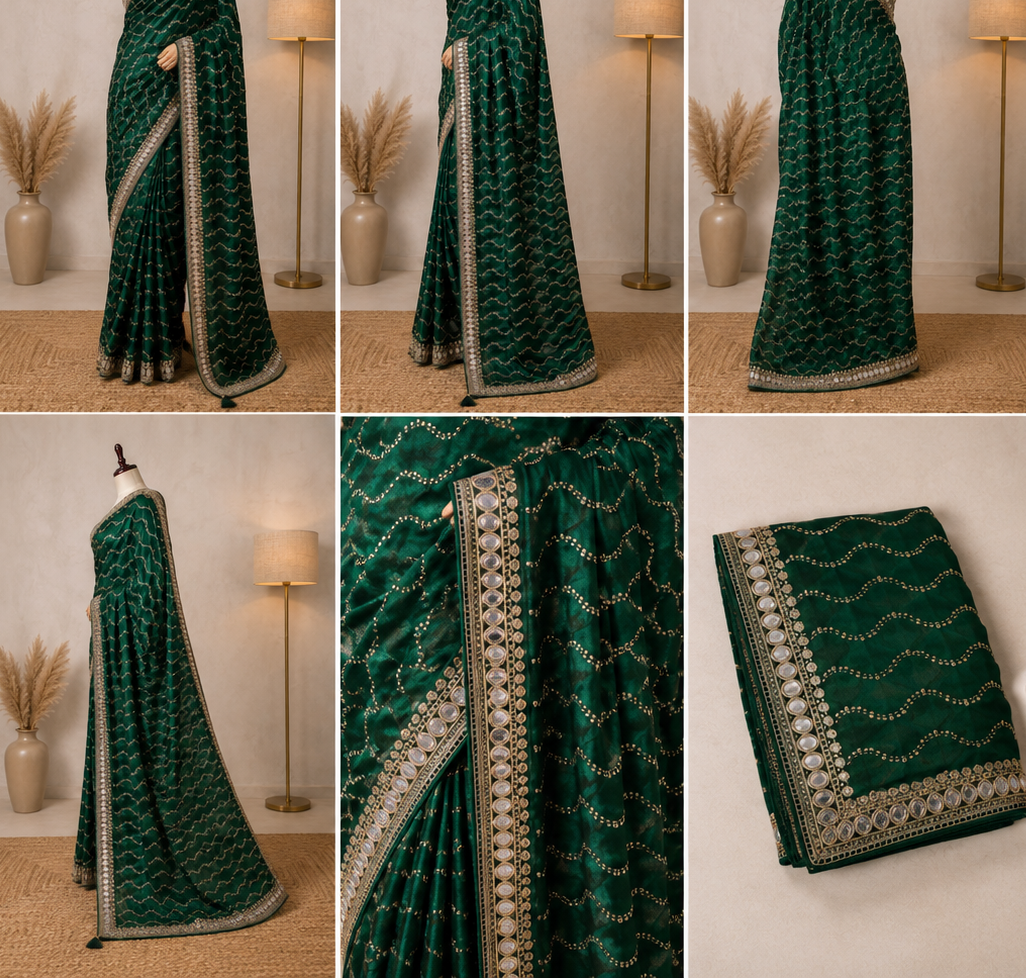 Bottle Green Designer Saree with Golden Sequin Wave Work & Embellished Border | Party Wear Saree
