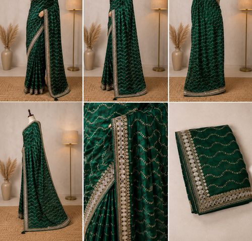 Bottle Green Designer Saree with Golden Sequin Wave Work & Embellished Border | Party Wear Saree