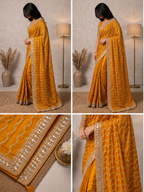 Mustard Yellow Designer Saree with Silver Sequin Wave Work & Embellished Border | Party Wear Saree