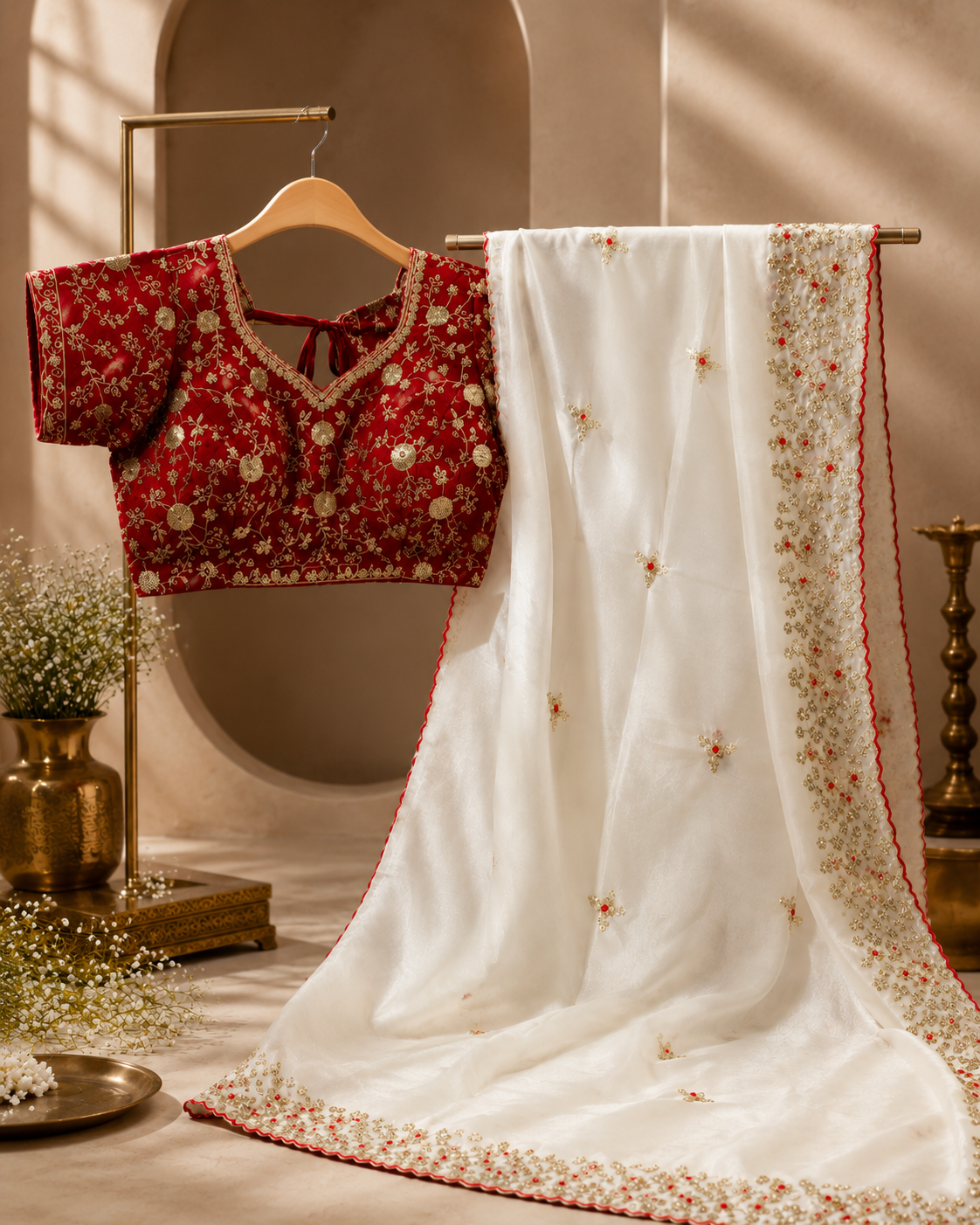 Ruby Red & Ivory Embroidered Saree Set