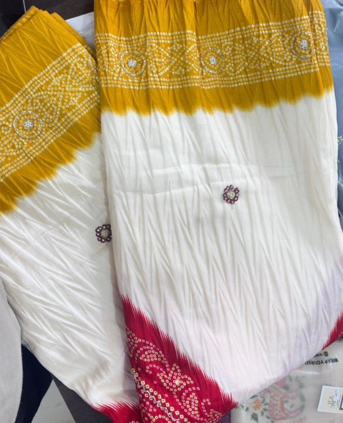 Mustard Yellow & Ivory Bandhani Saree with Maroon Border & Designer Pallu