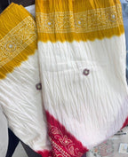 Mustard Yellow & Ivory Bandhani Saree with Maroon Border & Designer Pallu