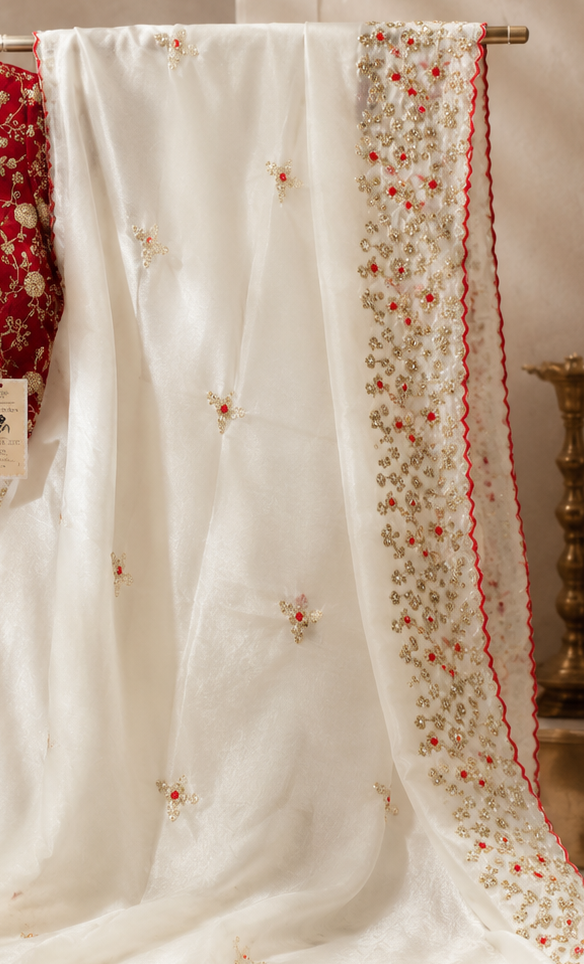 Ruby Red & Ivory Embroidered Saree Set