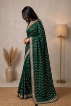 Bottle Green Designer Saree with Golden Sequin Wave Work & Embellished Border | Party Wear Saree