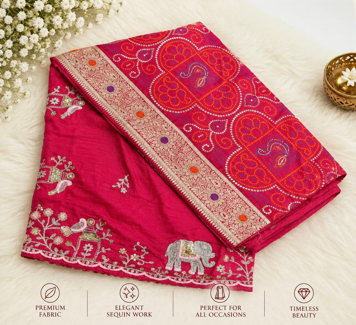 Elegant Rani Pink Embroidered Saree with Sequin Work & Scalloped Border