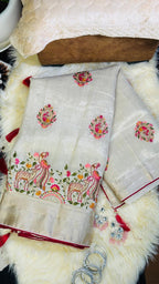 Ivory Cream Silk Saree with Animal Motif Embroidery & Gold Zari Border