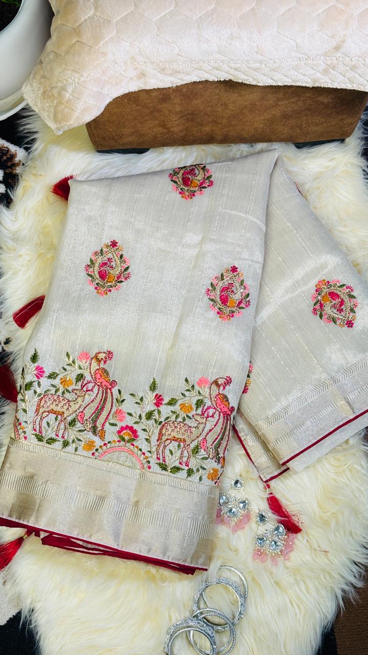 Ivory Cream Silk Saree with Animal Motif Embroidery & Gold Zari Border