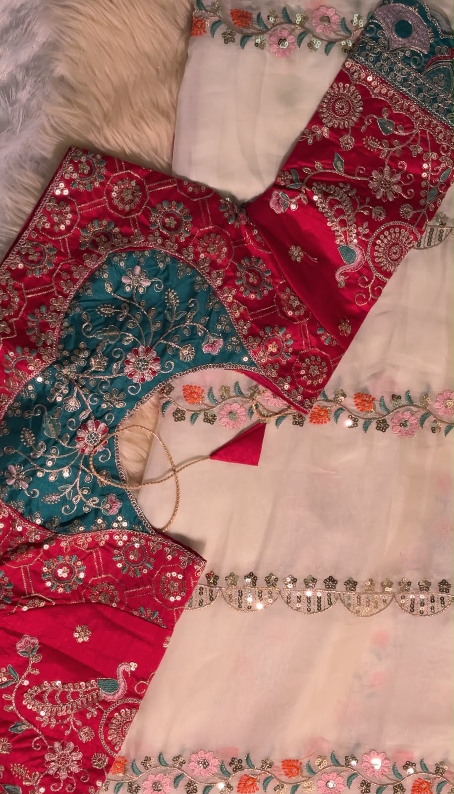 Off-White Fancy Organza Saree with Embroidered Blouse | Floral Zari & Sequin Work