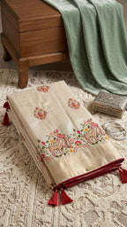 Ivory Cream Silk Saree with Animal Motif Embroidery & Gold Zari Border
