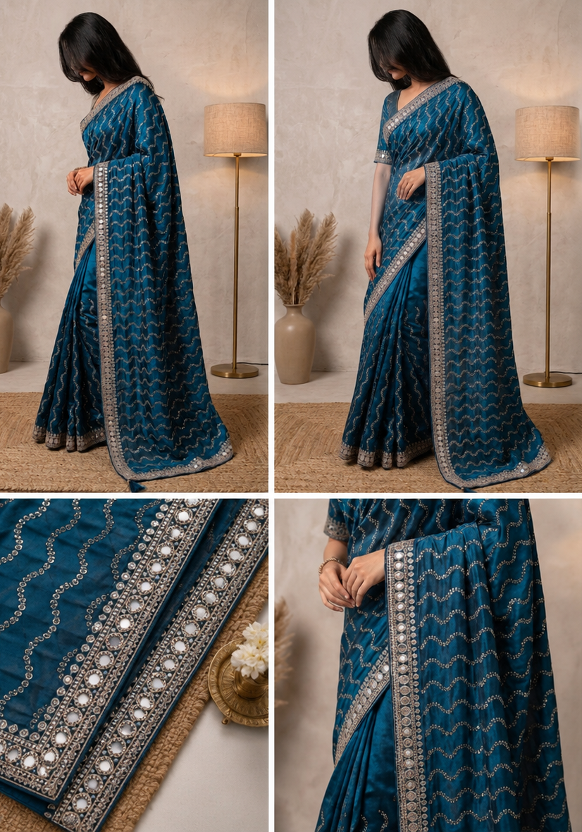 Teal Blue Designer Saree with Silver Sequin Wave Pattern & Embellished Border | Party Wear Saree